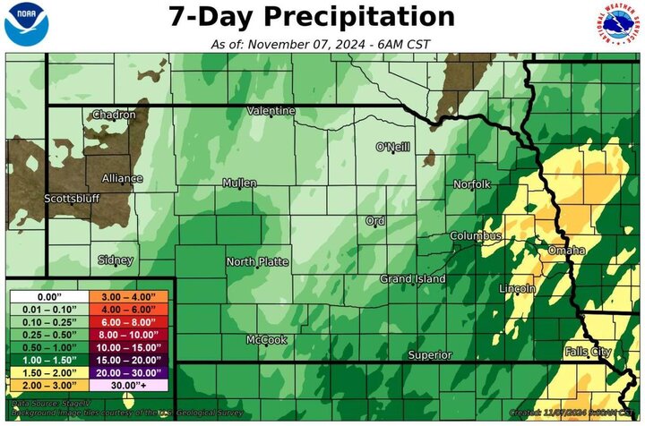 Seven-day total precipitation map