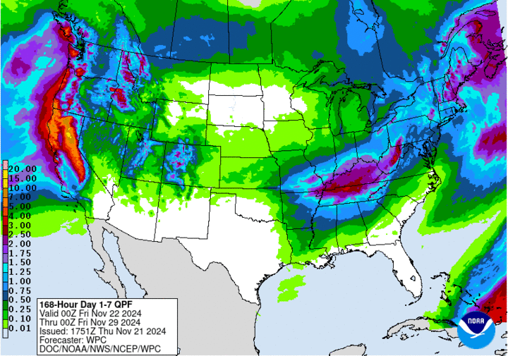 WPC projected precipitation over the next seven days map