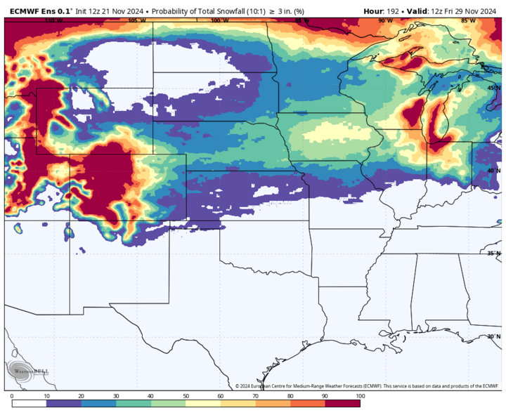 ECMWF probability of three inches of snow map