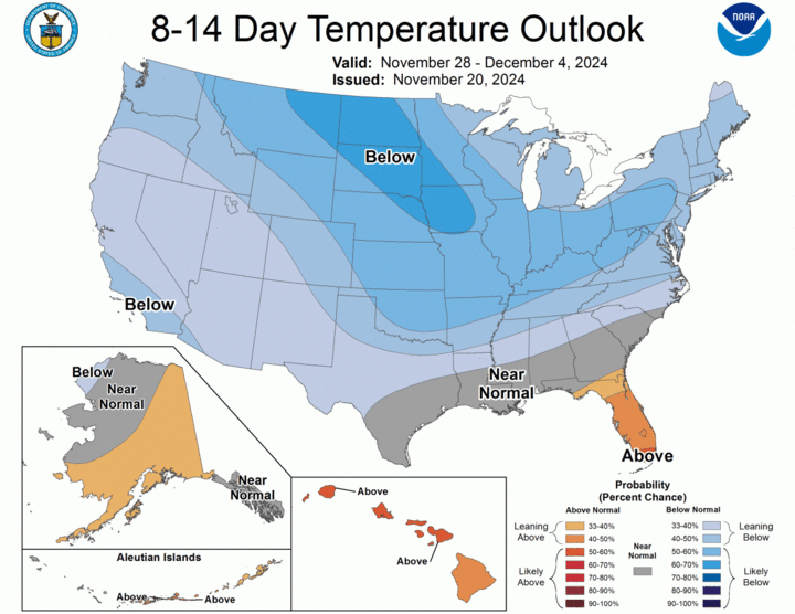 eight- to 14-day temperature outlook map