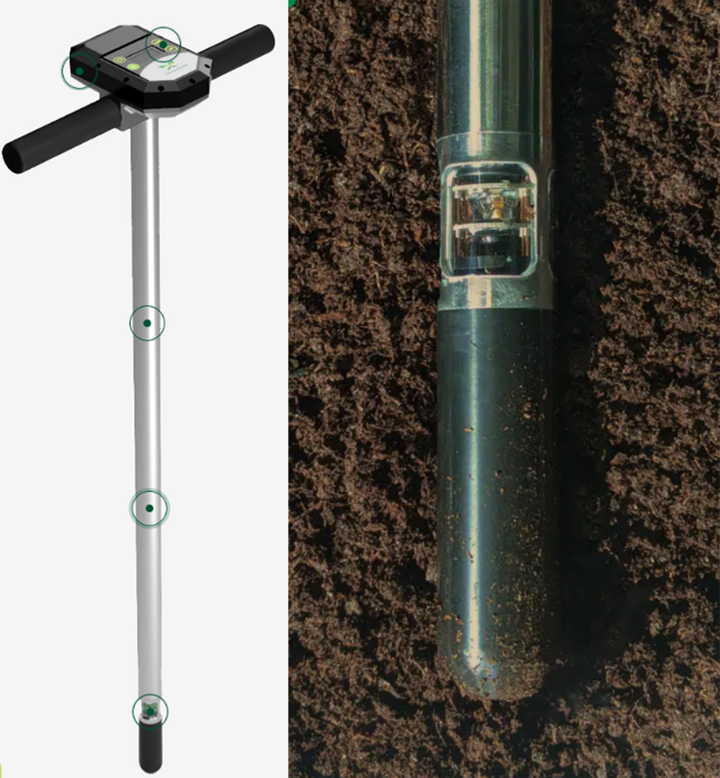 Figure 3. ChrysaLabs soil probe (a) with a combination of spectroscopic sensors located in the tip (b).