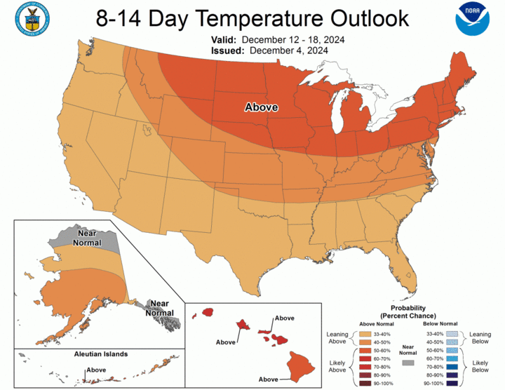 eight- to 14-day temperature outlook map