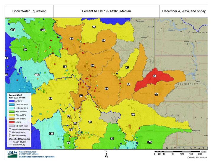 Snow water equivalent in the western U.S. map