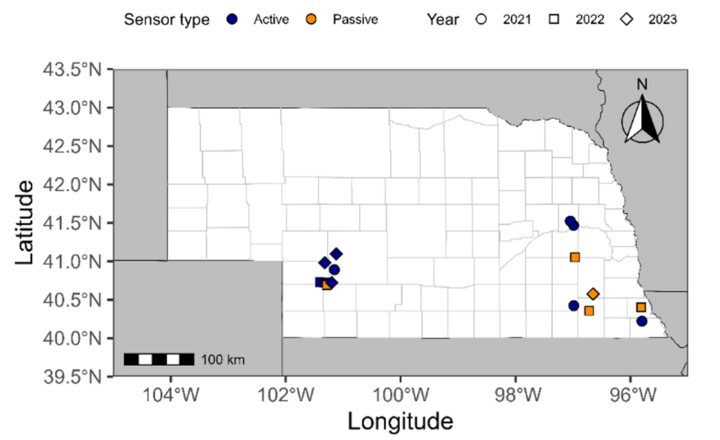 Nebraska map with on-farm trial location pinpoints