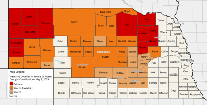 county map of nebraska with areas in severe or worse drought highlighted in orange and red