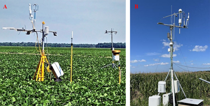 side by side photos of weather stations in soybean and corn fields
