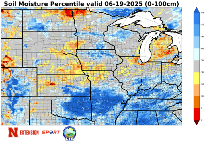 Alt text: Soil moisture percentile map for June 19, 2025, showing dry conditions across parts of the northern Plains and Michigan, with soil moisture in the lowest percentiles. Wetter-than-normal soils appear in the southern Plains and lower Midwest, indicated by blue shading.