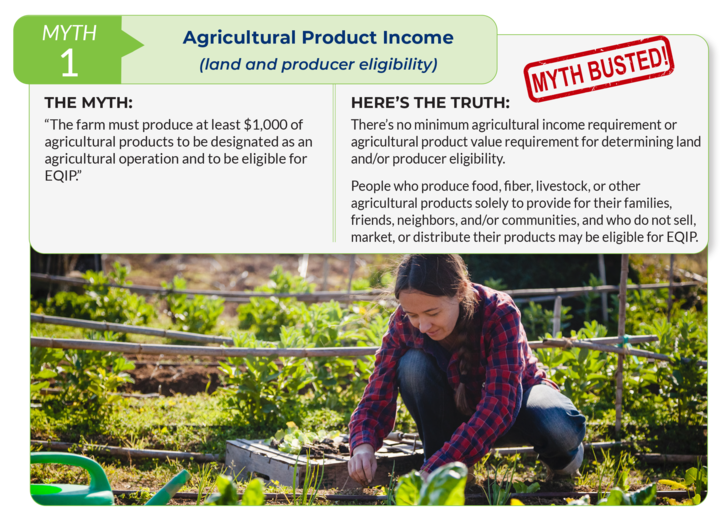 Infographic titled “Myth 1: Agricultural Product Income (land and producer eligibility)” with a myth stating a farm must make $1,000 to be eligible for EQIP. The truth clarifies that there is no income requirement for eligibility. Image shows a woman gardening in a small vegetable plot.