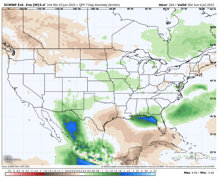 Seven-day ECMWF precipitation anomaly map valid July 6, 2025, showing above-normal rainfall projected for parts of the Southwest, Texas, and Southeast U.S., with below-normal precipitation across much of the Northern Plains and Pacific Northwest.