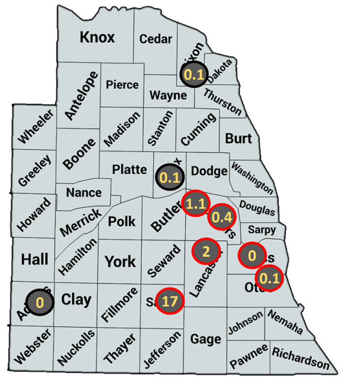 map of eastern Nebraska counties highlighting areas of pest observation