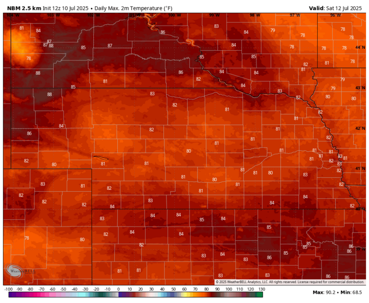 Map of Nebraska and surrounding areas showing forecast high temperatures for July 12, 2025, ranging mostly from the upper 70s to mid-80s°F, with the highest values concentrated in southern and western Nebraska.