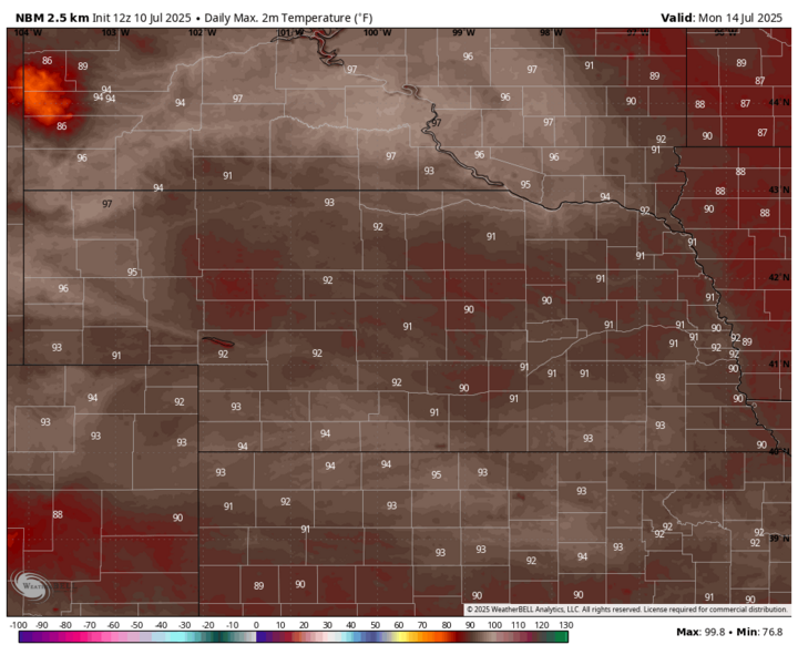 Map of Nebraska and surrounding states showing forecast high temperatures for July 14, 2025, with widespread 90s°F across the region and localized highs approaching 100°F in parts of the western Panhandle. Ask ChatGPT