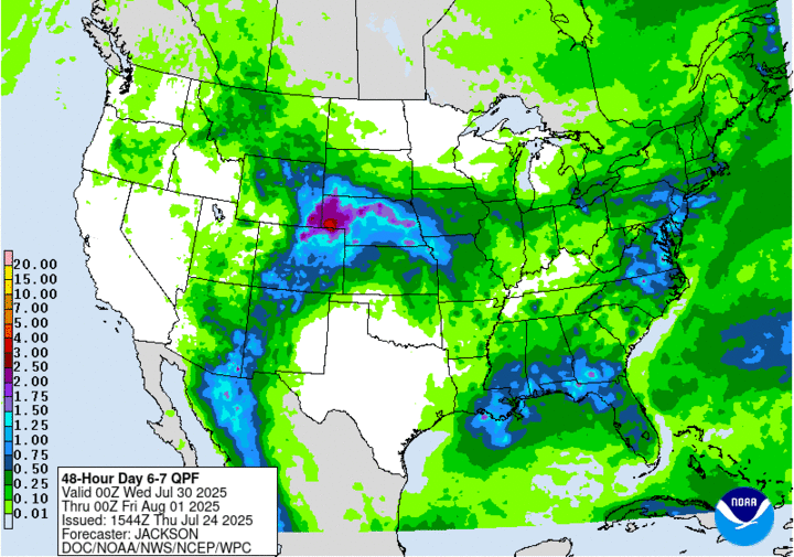 NOAA 48-hour Quantitative Precipitation Forecast (QPF) map for July 30 to August 1, 2025, showing expected rainfall totals across the U.S. Heaviest precipitation (over 2 inches) is forecast for parts of eastern Colorado and western Kansas, shown in purple. Moderate rainfall is expected throughout much of the Midwest, Southeast, and Appalachians. Map issued July 24, 2025.