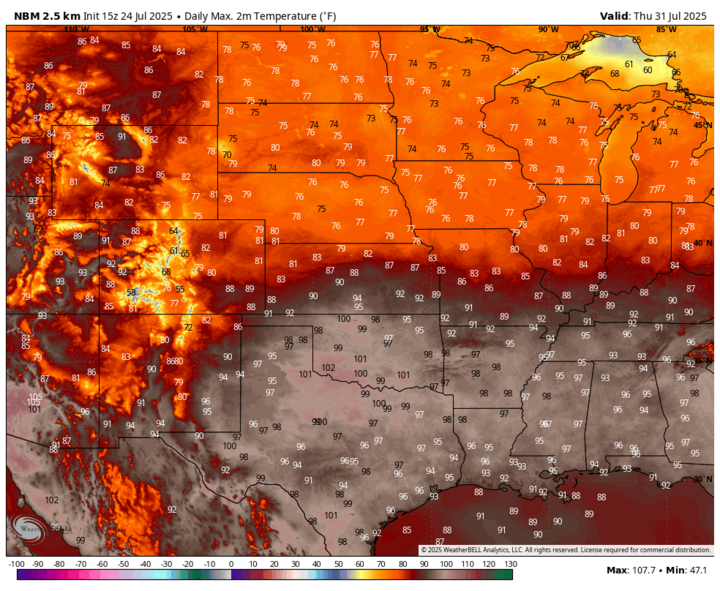 Map of forecasted high temperatures across the U.S. for Thursday, July 31, 2025. A broad area of 90s to low 100s spans the Southern Plains, with the hottest temperatures in Oklahoma and Texas exceeding 105°F. Cooler highs in the 70s cover the Northern Plains, Upper Midwest, and parts of the Mountain West. Map generated from NBM 2.5 km data by WeatherBell.