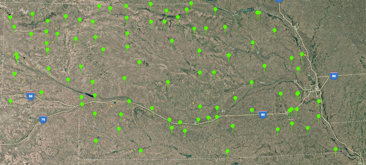 Map showing Nebraska Mesonet weather station locations across western and central Nebraska, which support the ACREE app's irrigation scheduling tool.