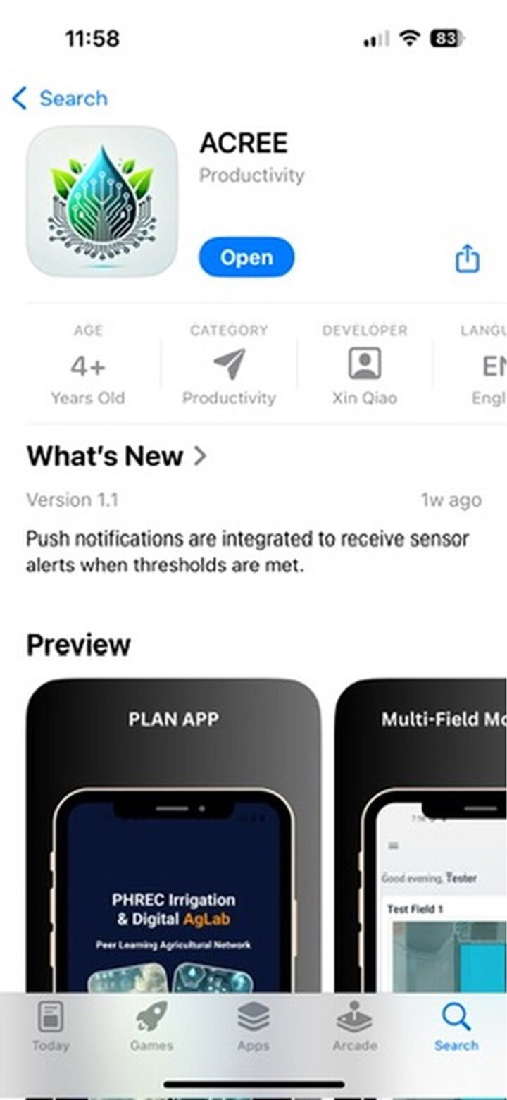 Screenshot of the ACREE app listing in the iOS App Store, showing the app icon, developer Xin Qiao, and a preview of features including PLAN APP and Multi-Field Mode.