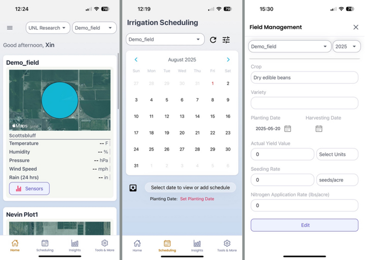 Screenshots from the ACREE app showing: (left) the homepage with a configured demo field and local weather data; (center) the irrigation scheduling calendar with prompt to set planting date; and (right) the field management screen for entering crop type and planting date.