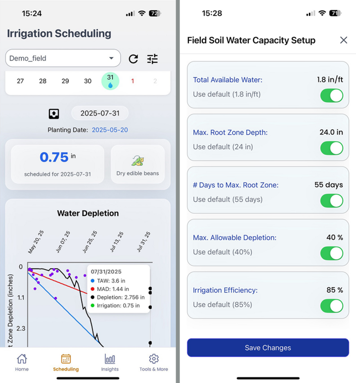 Screenshots from the ACREE app showing (left) a water depletion chart with an irrigation event of 0.75 inches for dry edible beans, and (right) the field setup menu for adjusting soil water capacity, root depth, allowable depletion, and irrigation efficiency.