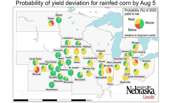 Map showing pie charts of forecasted probabilities for 2025 rainfed corn yields across the U.S. Corn Belt. Each chart indicates the likelihood of yields being above, near, or below the long-term average.