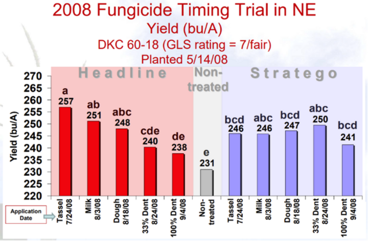 ar chart of a 2008 fungicide timing trial in Nebraska showing corn yield by application date. Headline fungicide applied at tassel produced the highest yield at 257 bushels per acre, while non-treated plots yielded 231. Stratego applications showed yields ranging from 241 to 250 bushels per acre depending on timing.