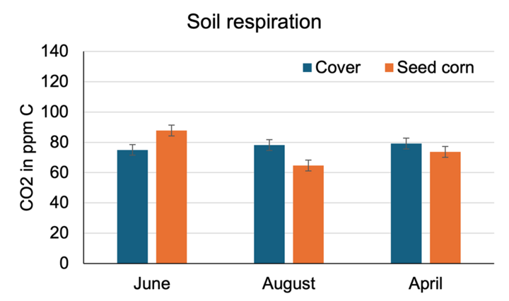 Bar chart of soil respiration in cover crop vs. seed corn fields, showing microbial activity differences at three sampling times.