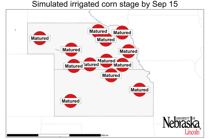 Nebraska map: all simulated irrigated corn locations show “Matured” by Sept. 15.
