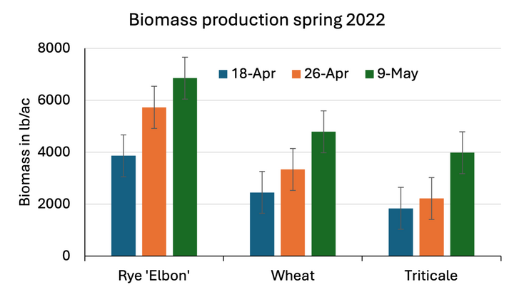 Bar chart comparing spring 2022 biomass production of cereal rye, winter wheat and triticale, showing rye reaching nearly 7,000 lb/ac by May 9 as plants mature.