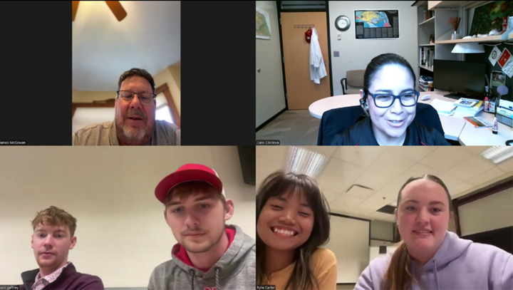 Six people participate in a virtual soil health interview, shown in a four-panel video grid with one farmer, one educator and four students.