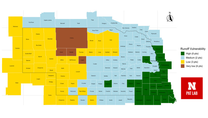 Map of Nebraska counties showing pesticide mitigation relief points by region, with very low, low, medium and high categories indicated by color.