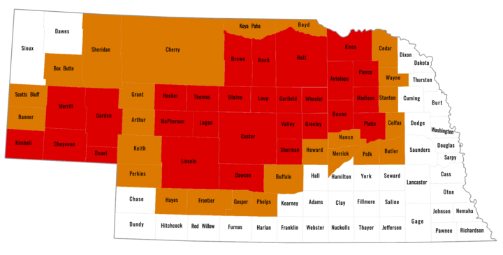 map of Nebraska counties with primary designation in red and continguous counties in orange