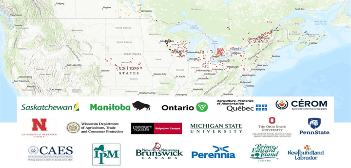Map of North America showing monitoring locations, with partner organization logos displayed below the map.