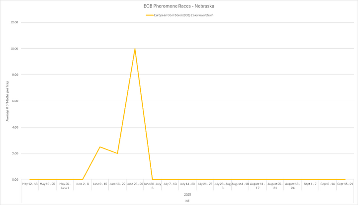 Line graph showing average European corn borer moth counts per trap in Nebraska during 2025, with a brief peak in late June and near-zero levels for the rest of the season.