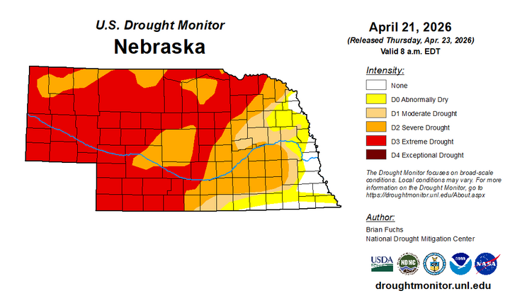 Nebraska drought map with severity levels, highlighting extreme and exceptional drought areas.