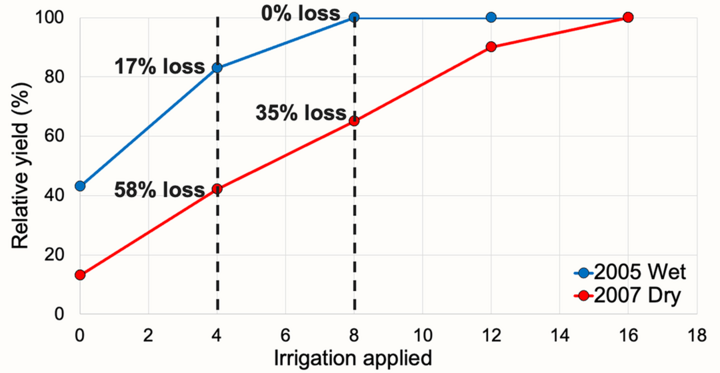 Relative yield vs. irrigation applied graph for 2005 wet and 2007 dry conditions.