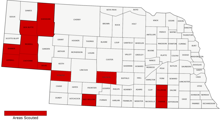 Nebraska map with certain counties highlighted in red.