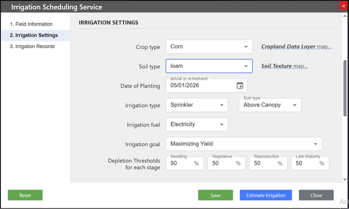 Irrigation scheduling settings form with crop type, soil type, and irrigation options.