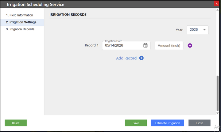 Irrigation scheduling form with date, year, inch fields, and Save, Estimate Irrigation, Close buttons.