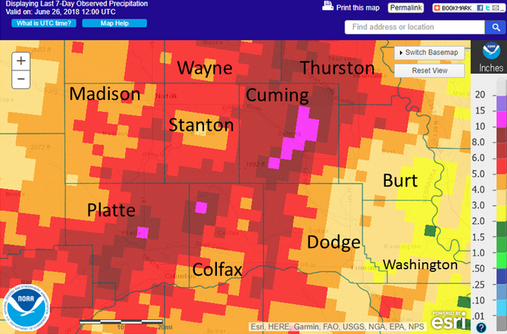 7-day precipitation map for northeast Nebraska for late June 2018