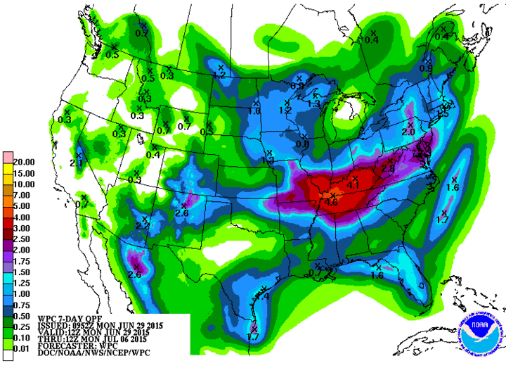 Map of seven-day precipitation forecast 