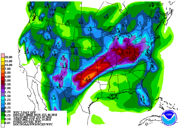 Map of seven-day precipitation forecast 