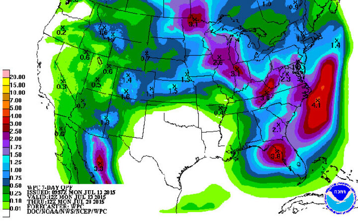 National map showing 7-day precipitation forecast 