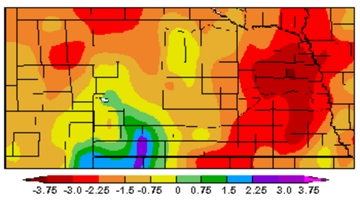 Nebraska map showing departure from normal precipitation for May 1-May 31.