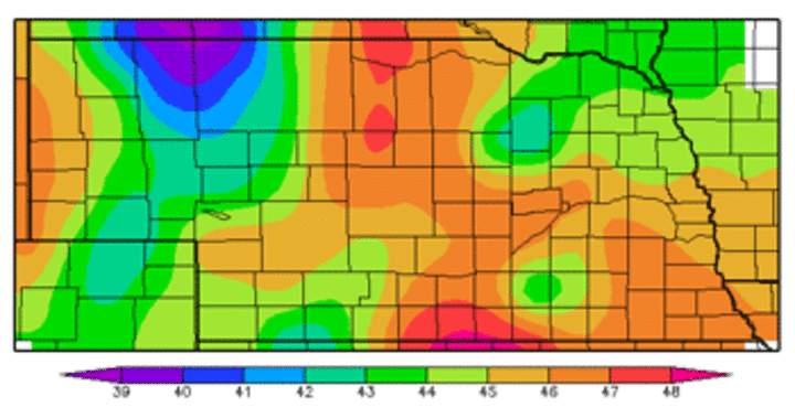 Nebraska map depicting seven-day average soil temperature at a 4-inch depth, from April 10 to April 16.