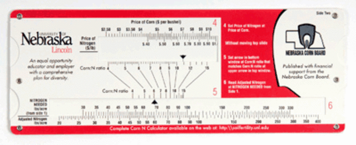 Photo of back of UNL Extension corn nitrogen rate slide rule