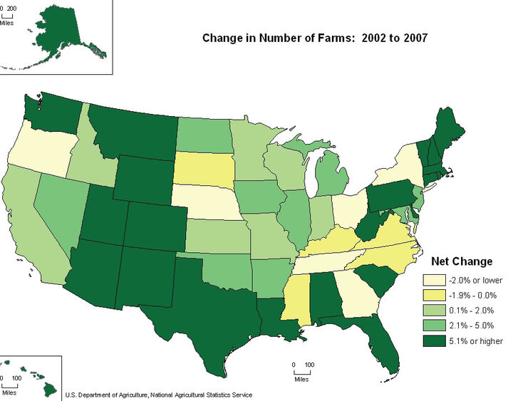 USDA: Change in number of farms nationally from 2002 to 2007.