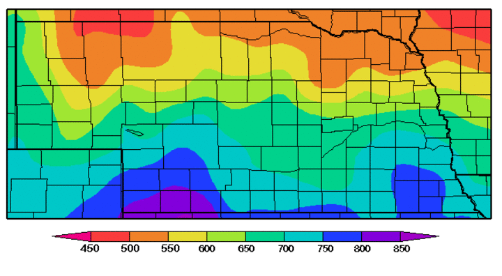 Nebraska map showing degree day accumulation since Jan. 1 to forecast alfalfa weevil development. Southern counties should be scouting.