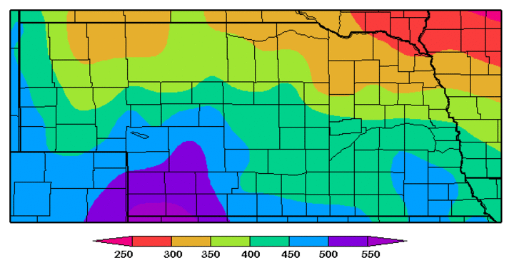 Nebraska map showing degree day accumulation since Jan. 1 to forecast alfalfa weevil development. Southern counties should be scouting.