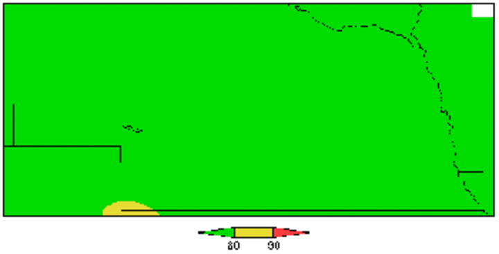 Map of Nebraska indicating low risk for corn flea beetle survival across most of the state, based on the Steven-Boewe Index. 