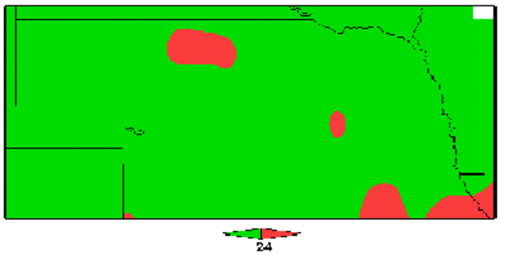 Nebraska map showing average temperatures above or below 24 F in December 2007.