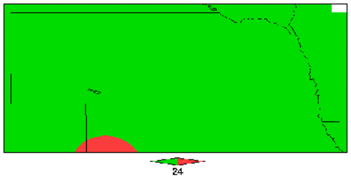 Nebraska map showing average temperatures above or below 24 F in January 2008.